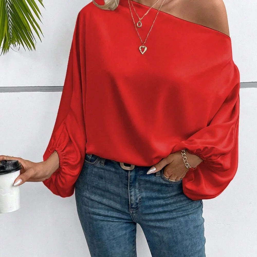Red Orange Casual Women's One Shoulder Lantern Sleeve Blouse - Picture 4 of 5